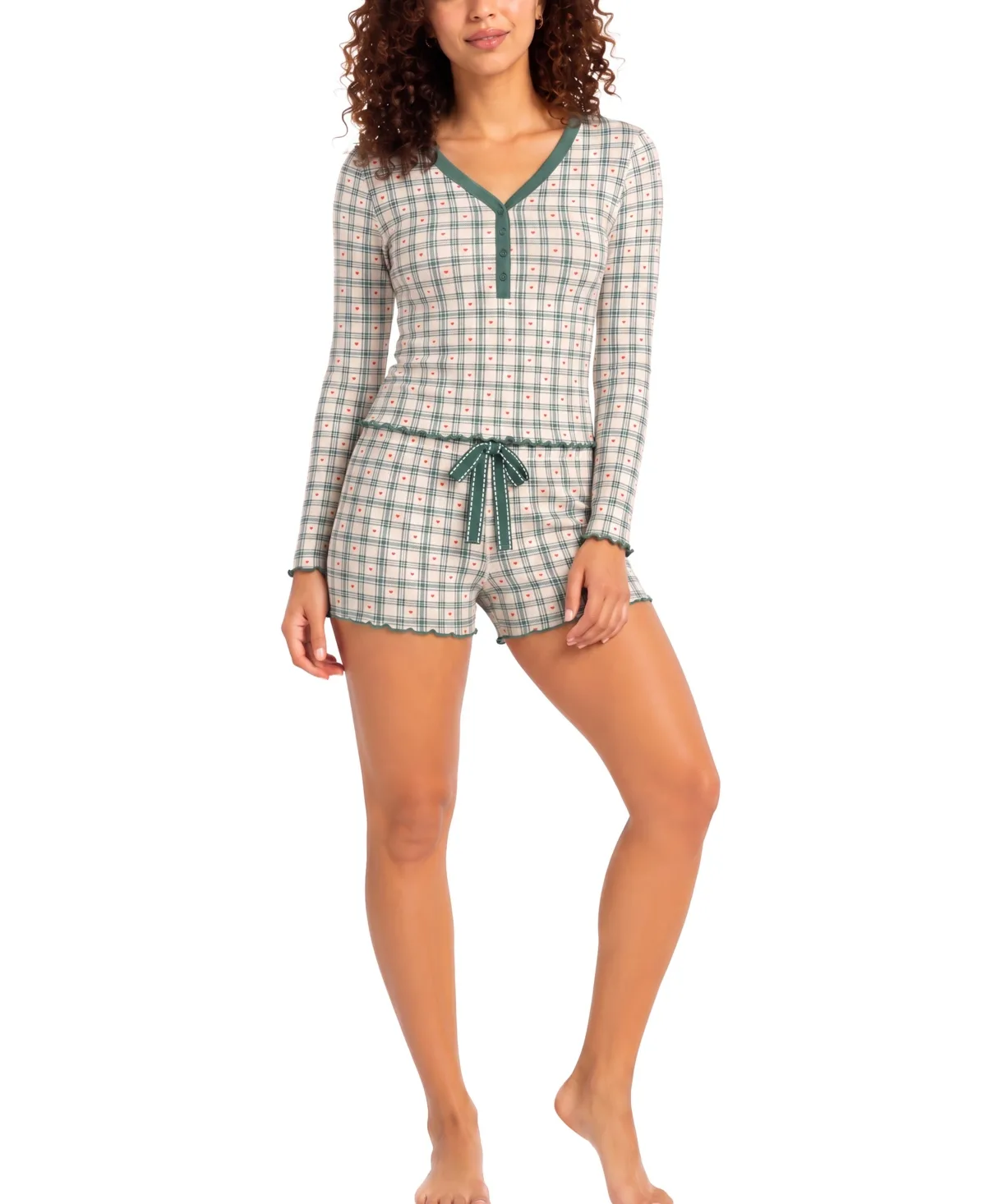 Wonderluxe Long-Sleeve V-Neck Top and Shorts, 2-Piece Set