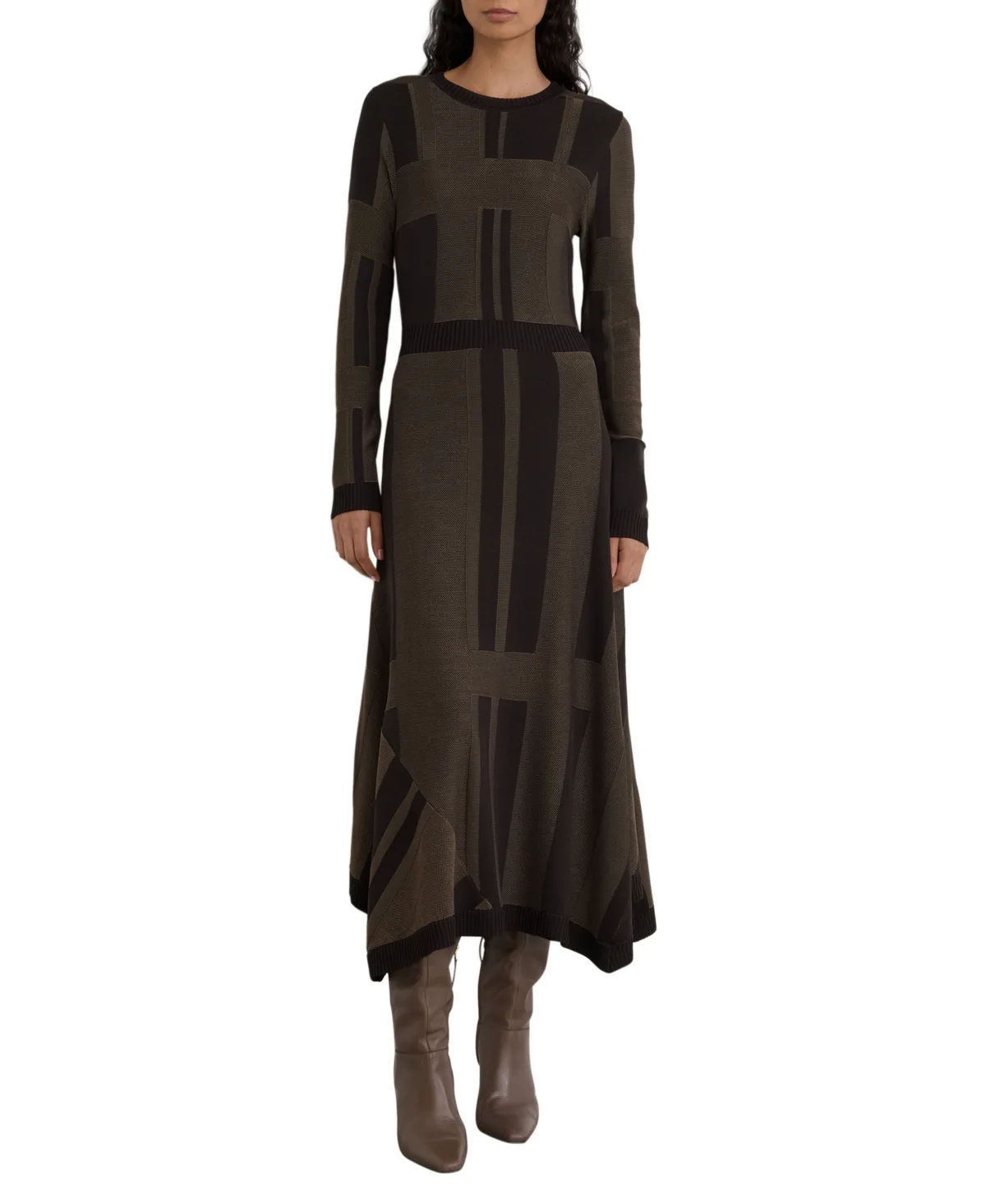 Felicity Long-Sleeve Textured Geometric Knit A-Line Sweater Dress