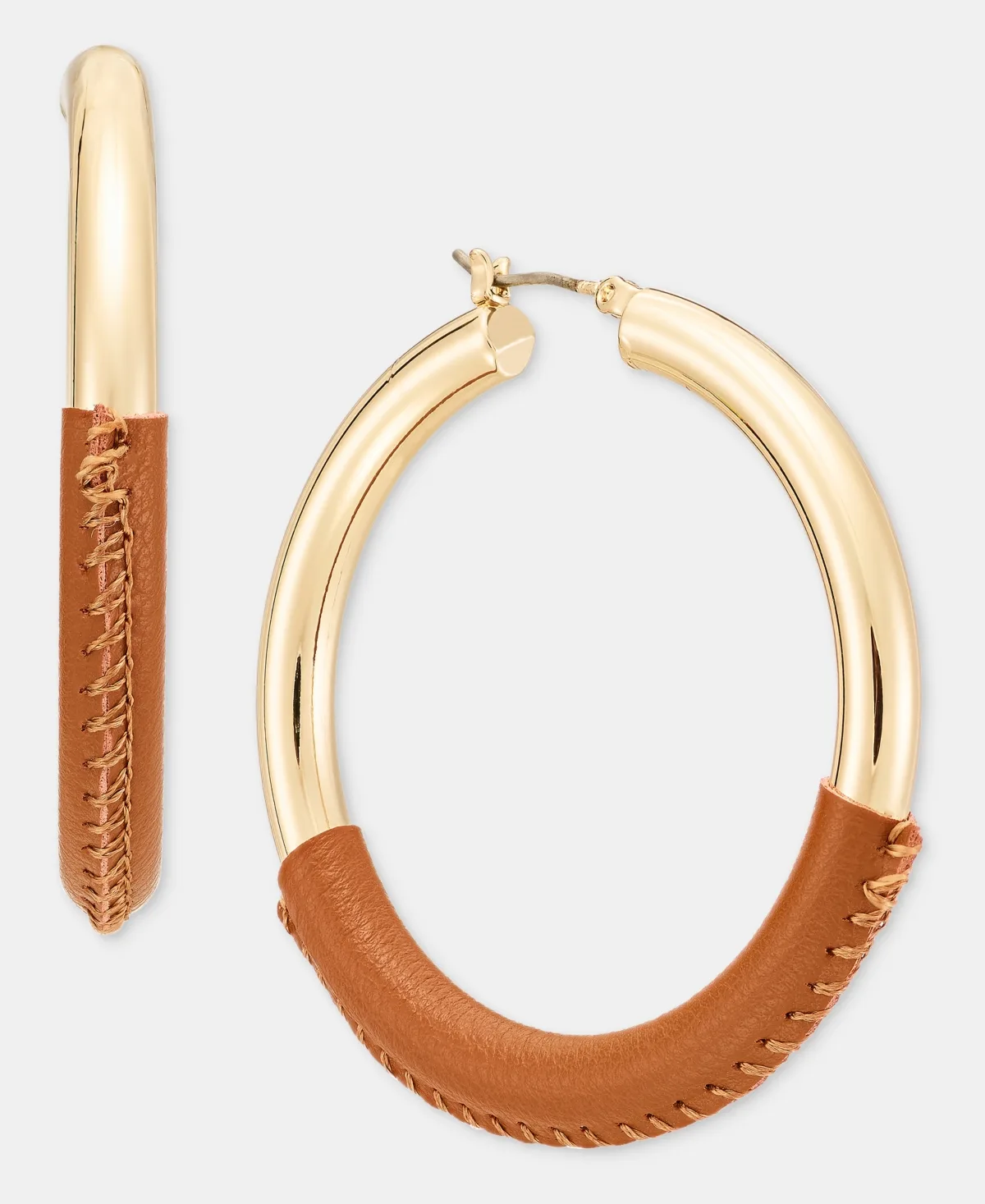 Gold-Tone Faux Leather Hoop Earrings