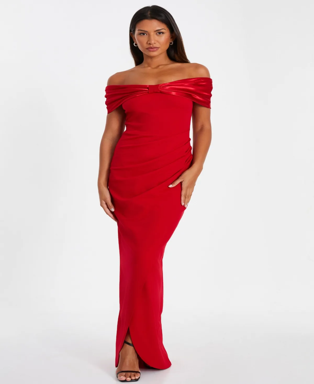 Scuba Crepe Satin Bardot Ruched Maxi Dress