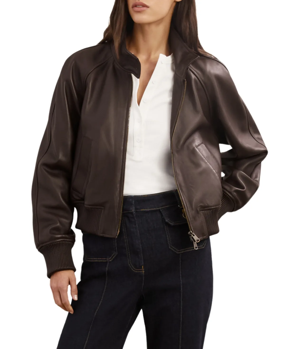 Eloise Funnel Neck Leather Bomber Jacket