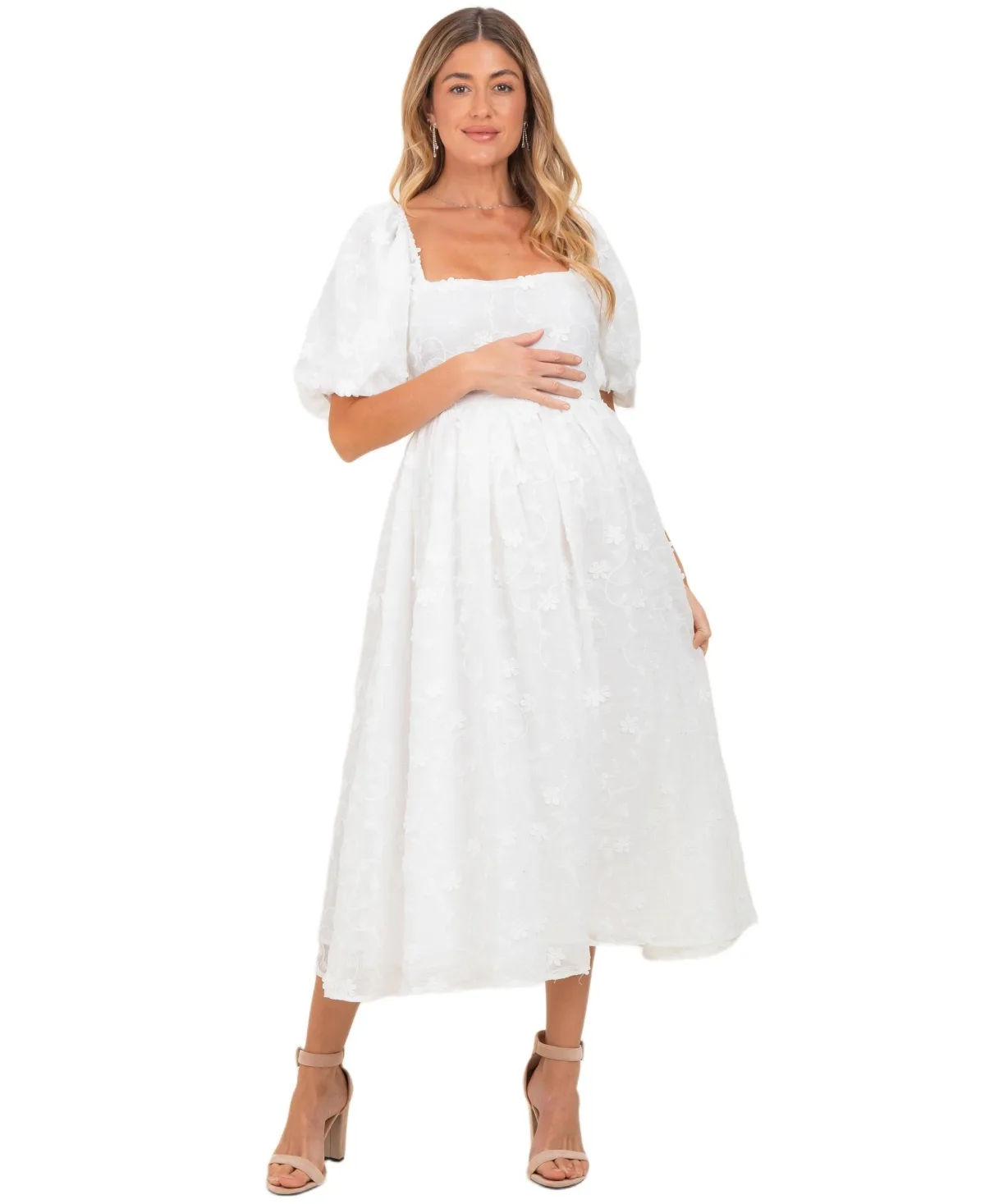 Embroidered Floral Puff Sleeve Midi Dress