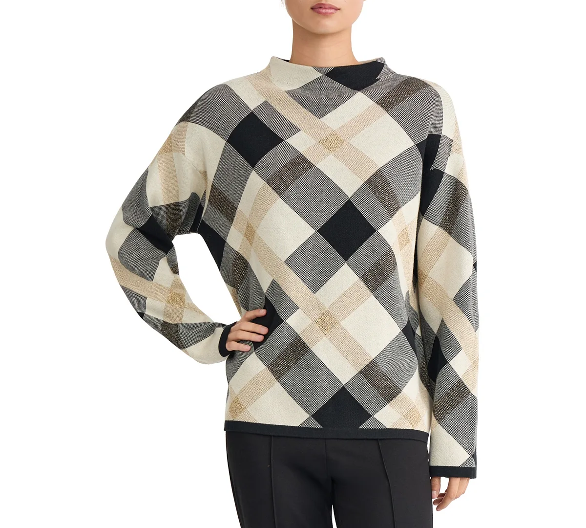 Lurex Diagonal Plaid Mock Neck Long-Sleeve Sweater by Jones New York
