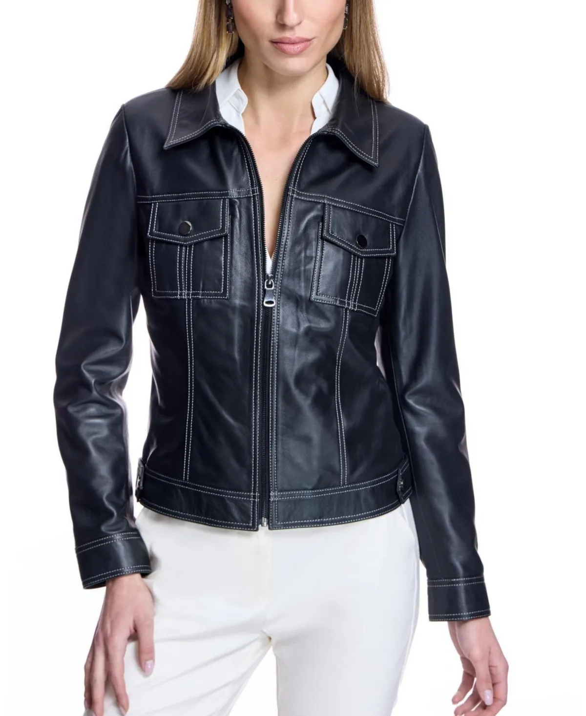 Contrast-Stitching Shearling Lamb Jacket by Julia & Stella by Maximilian
