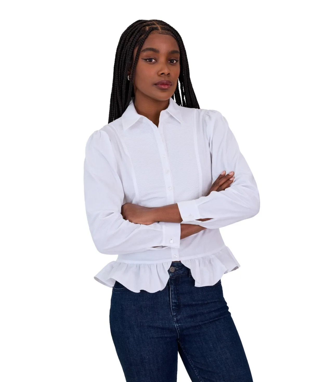 Eternity Long-Sleeve Pleated-Front Peplum Shirt