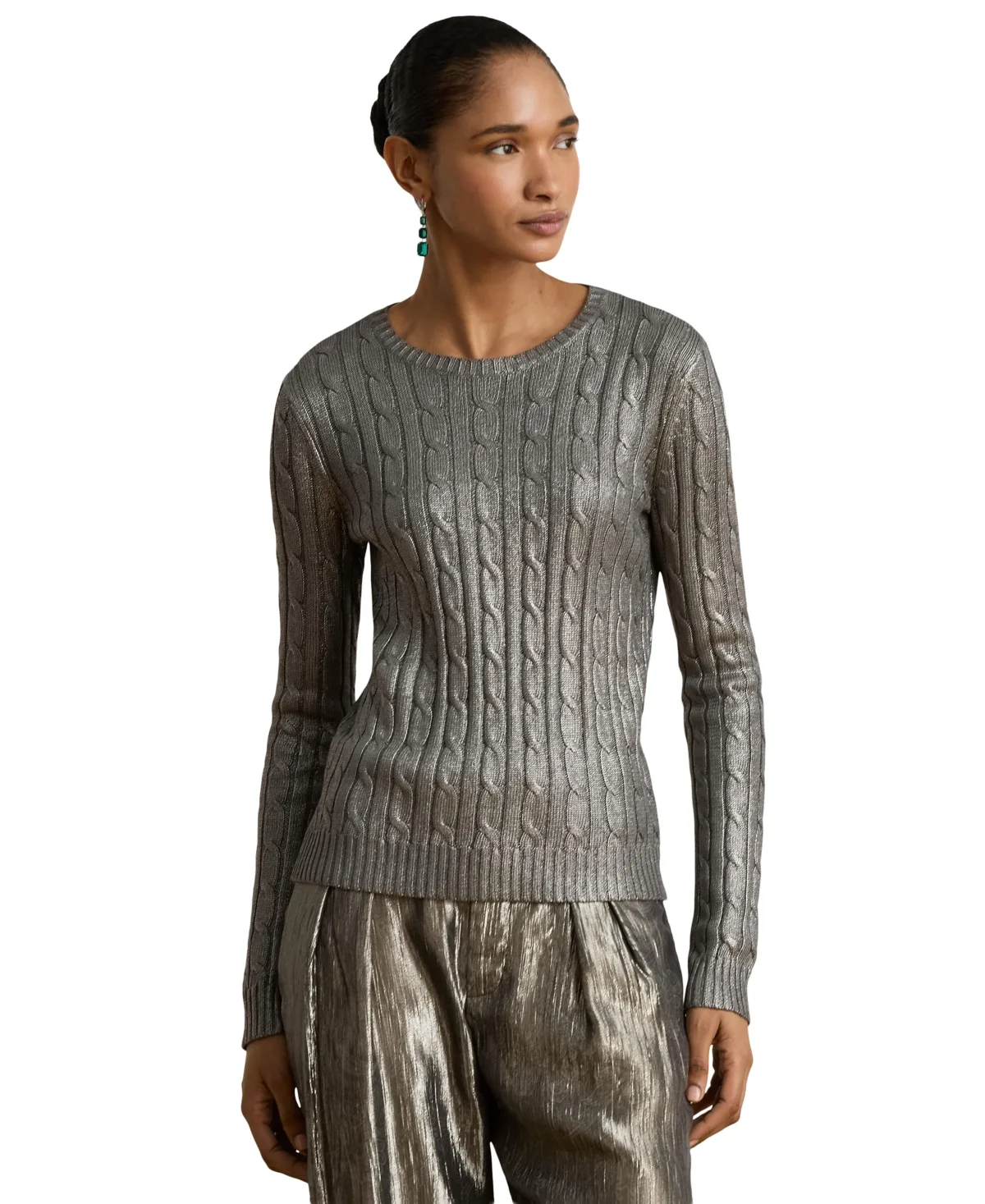 Lauren Ralph Lauren Metallic Cable-Knit Slim-Fit Sweater by Ralph Lauren