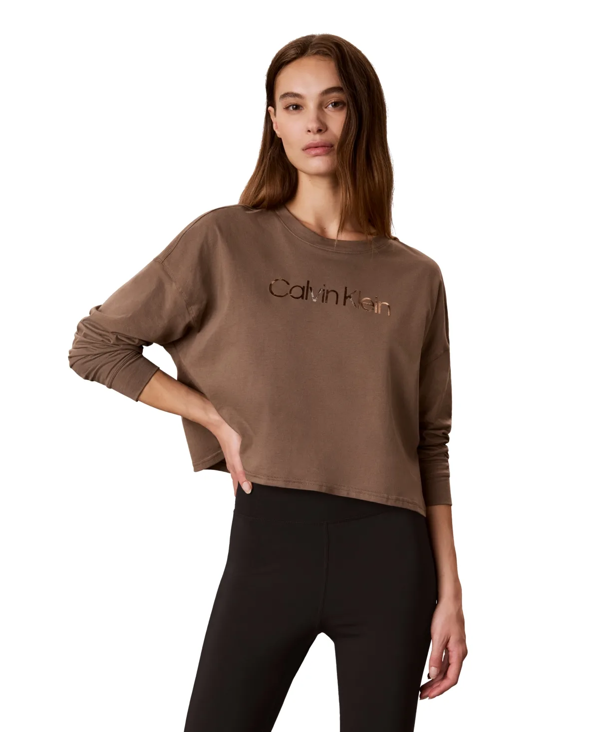 Calvin Klein Performance Icon Sport Shine Graphic Logo Long-Sleeve Crewneck Crop T-Shirt