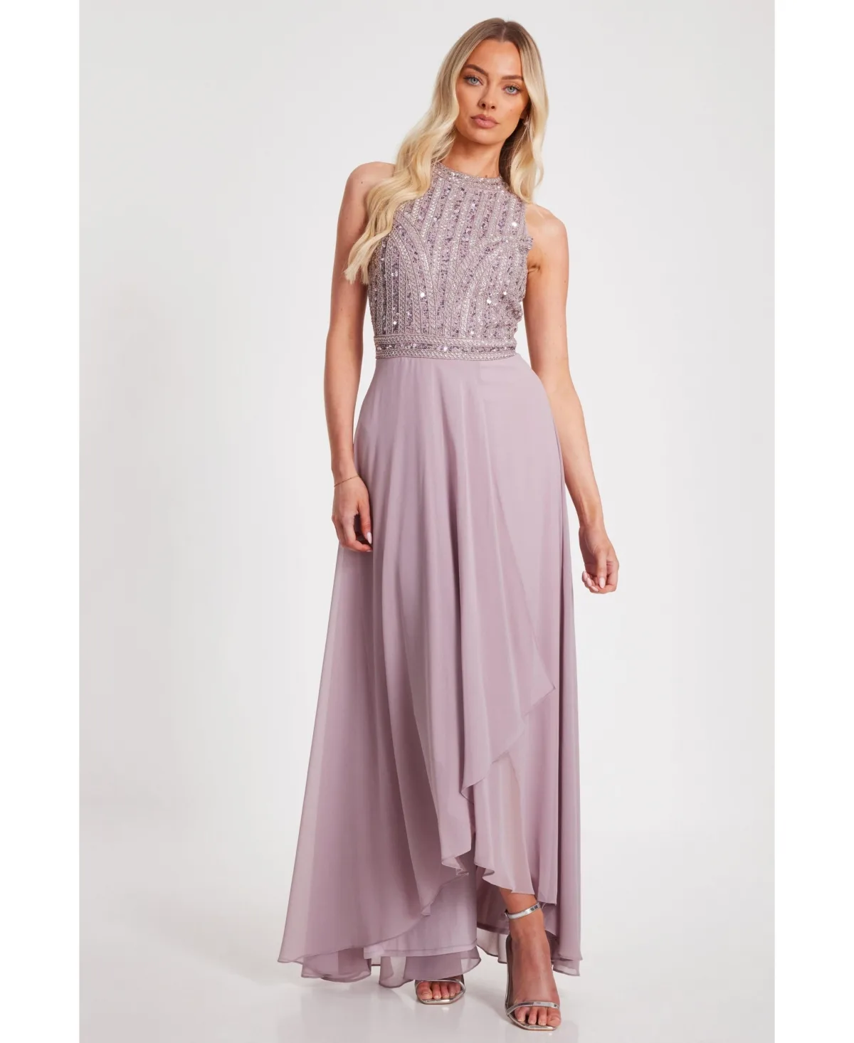 Embellished High Neck Chiffon Skirt Maxi by Quiz