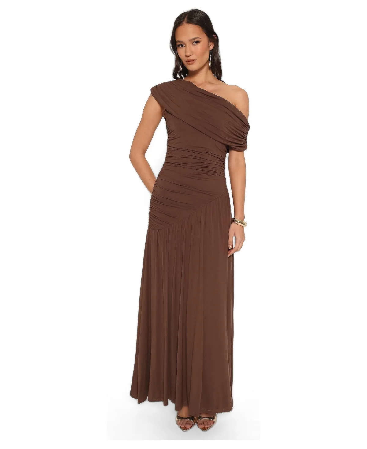 Sharmay Asymmetrical Off-Shoulder Ruched Wedding Guest Maxi Dress