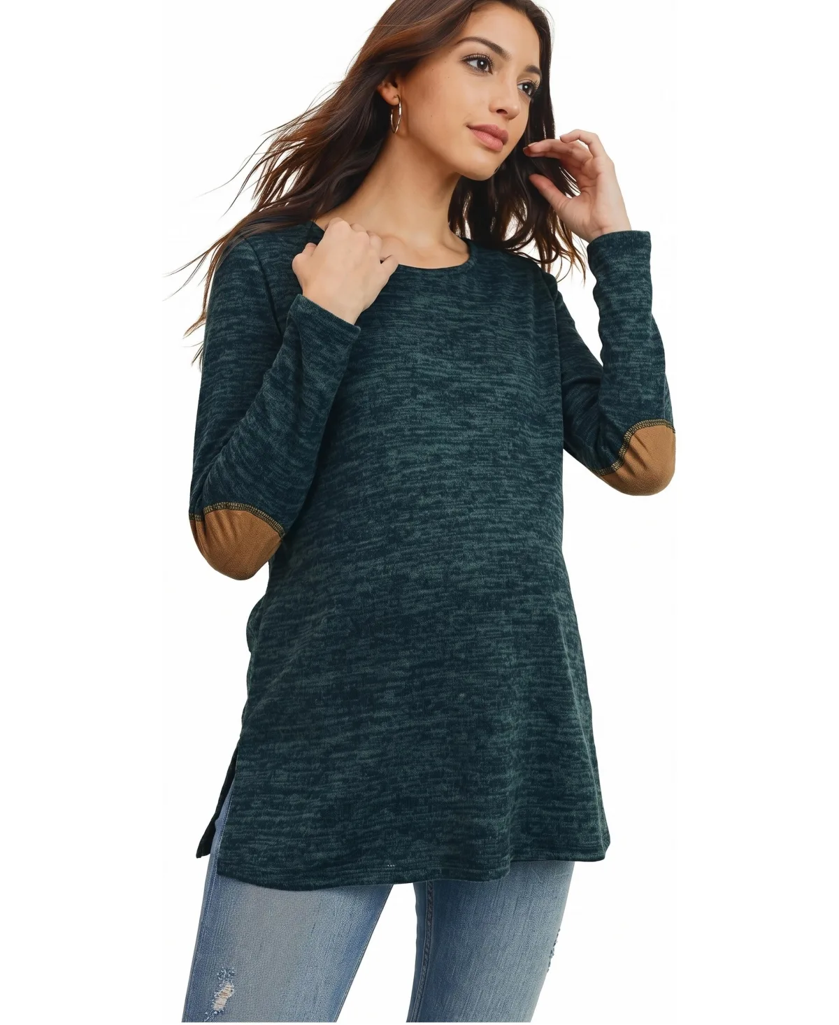 Long-Sleeve Contrast Elbow Patch Side-Slit Tunic Top by Hello Miz