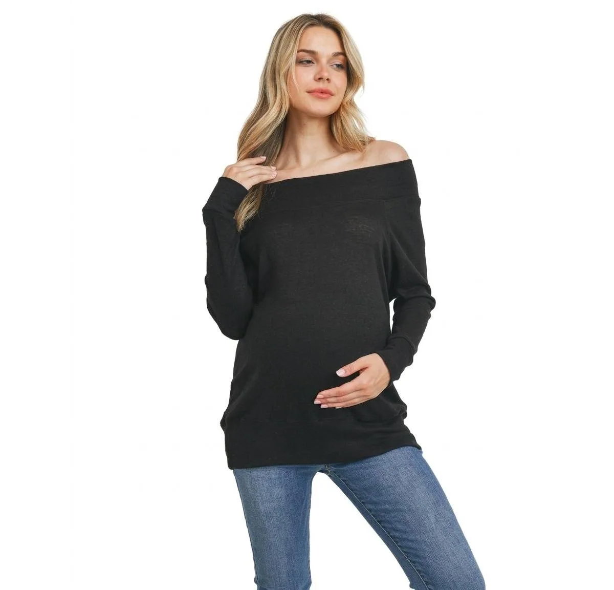 Off-the-Shoulder Long-Sleeve Brushed Tunic by Hello Miz
