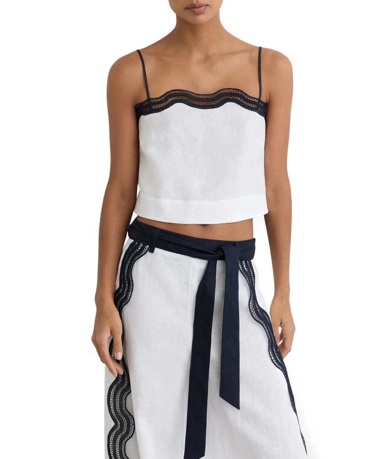Felicity Sleeveless Scalloped Lace Square Neck Linen Camisole by Reiss
