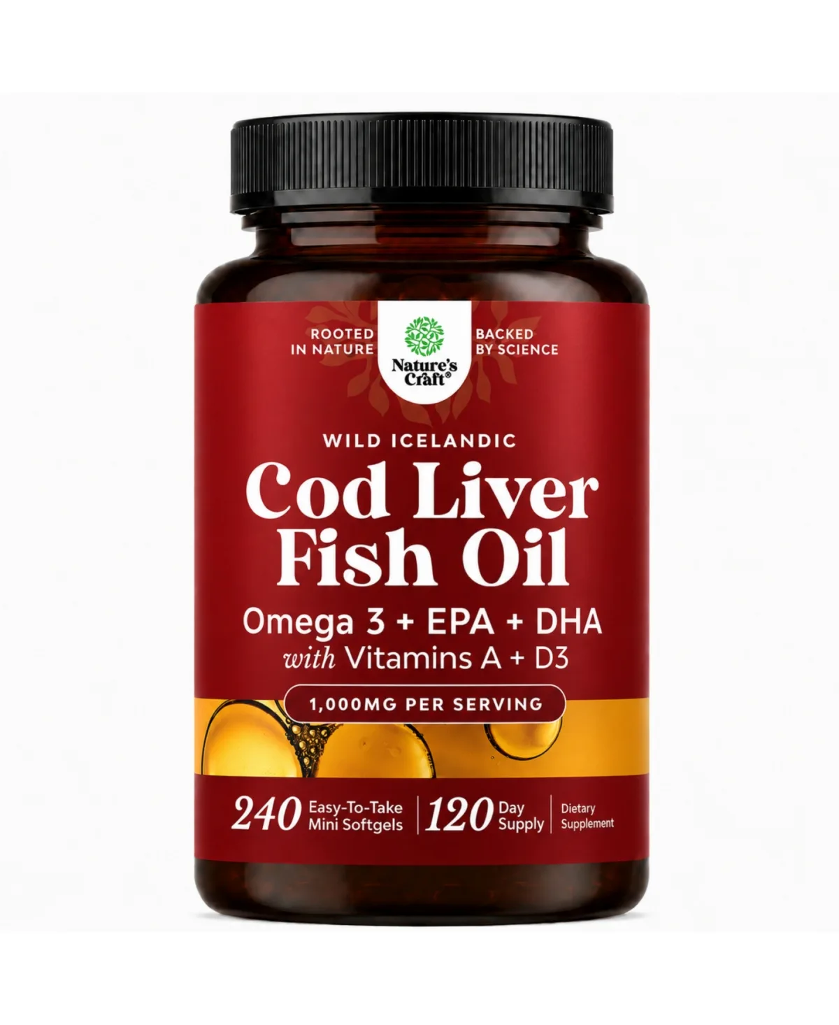Icelandic Cod Liver Oil Softgels, Omega-3 Fish Oil with Vitamin a and D3, 240 Count by Natures Craft