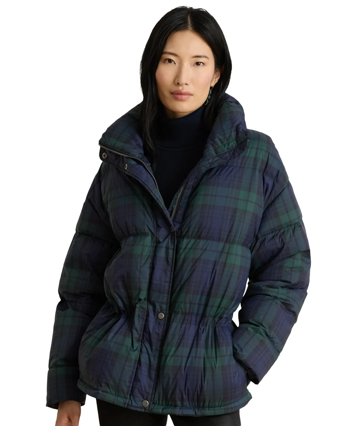 Down and Duck Feathers Water-Resistant Black Watch Plaid Puffer Coat by Ralph Lauren