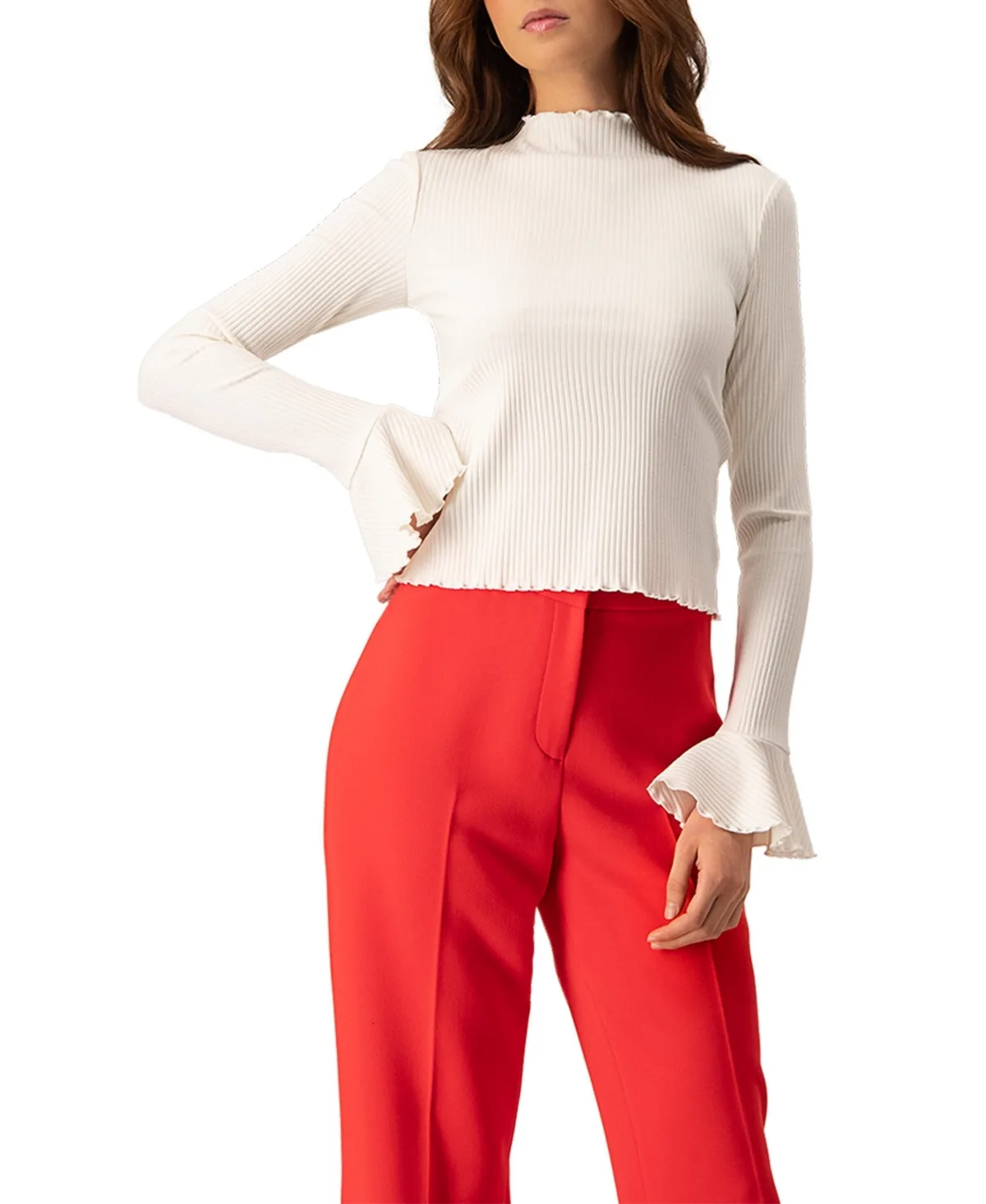 Bell-Sleeve Ribbed Mock-Neck Top