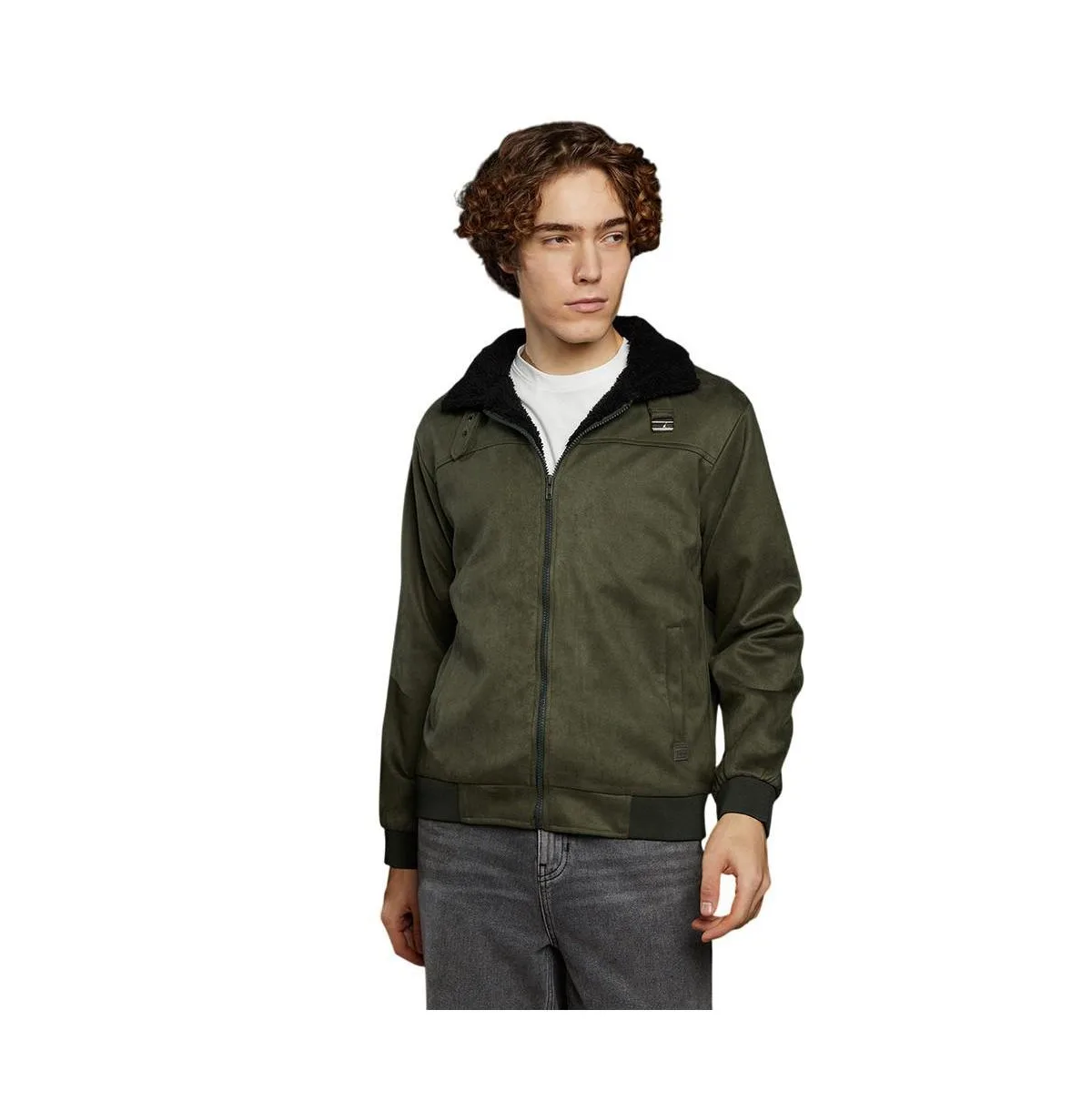 Sherpa-Lined Suede-Look Full-Zip Bomber Jacket by Cahoot