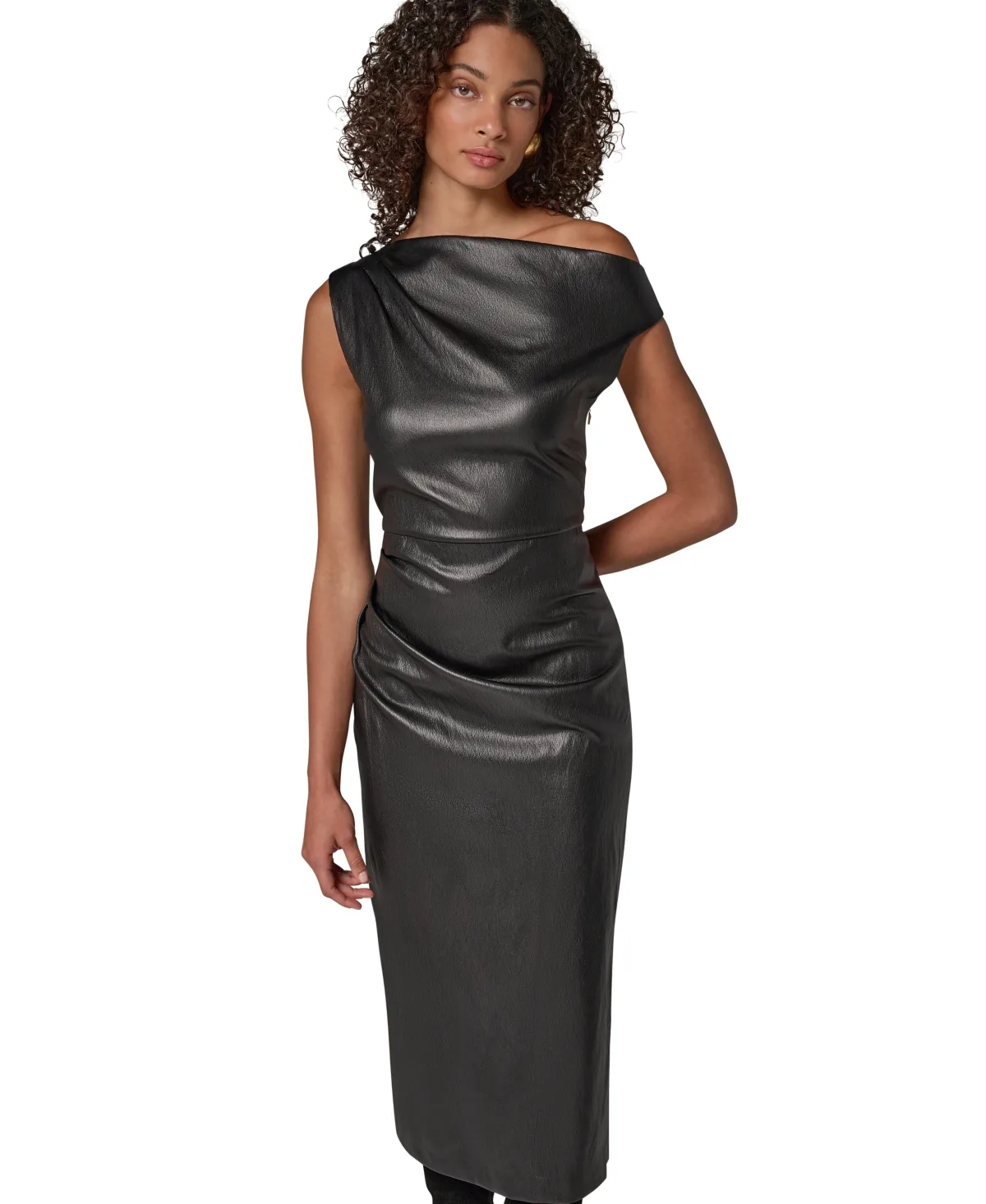 Faux Leather Off-the-Shoulder Midi Dress by Donna Karan New York