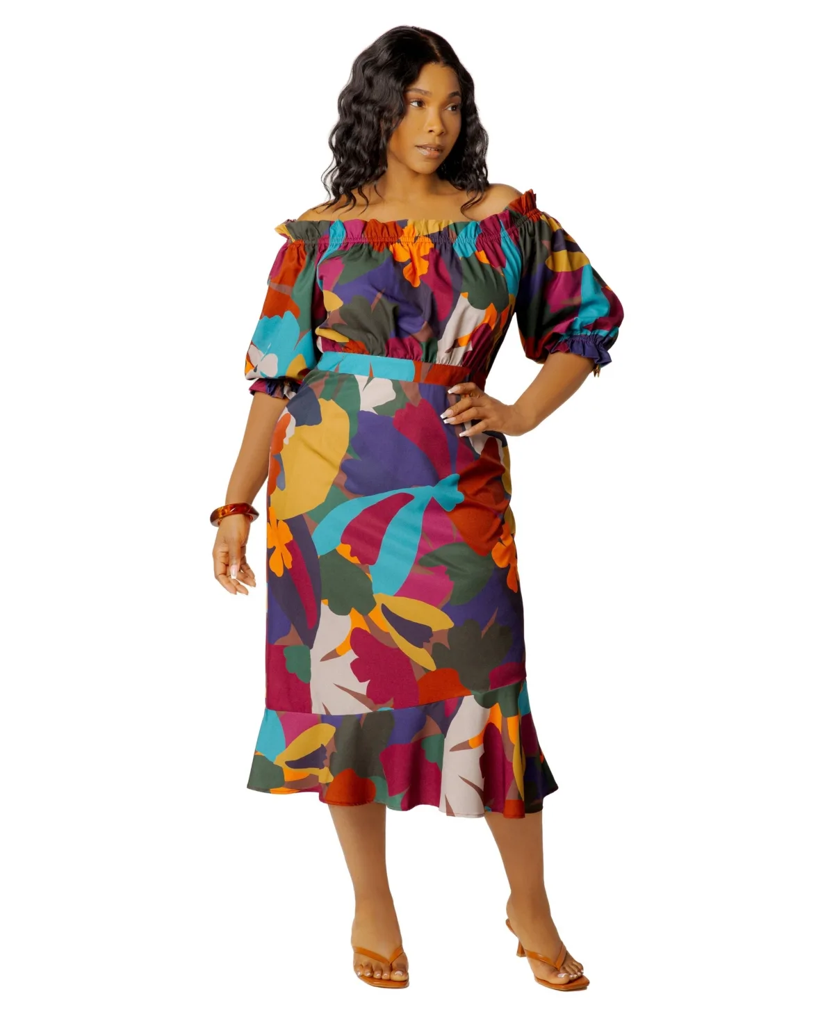 Off-the-Shoulder Puff-Sleeve Floral-Print Midi Dress by Buxom Couture