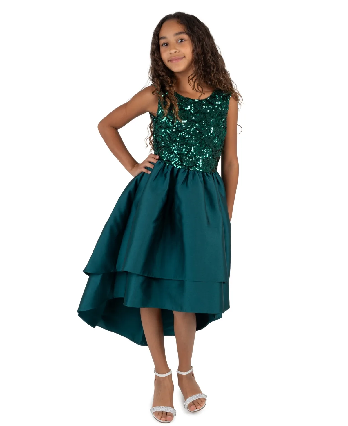 Sequin Embroidered Lace High-Low Sleeveless Dress by Rare Editions