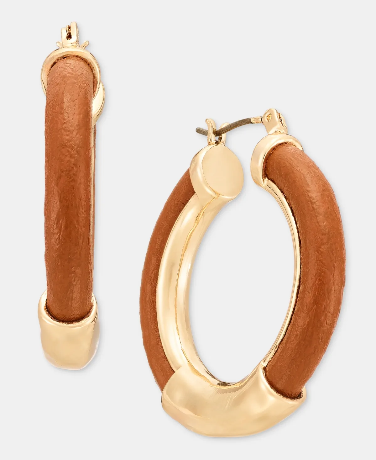 Gold-Tone Medium Leather Cord Hoop Earrings