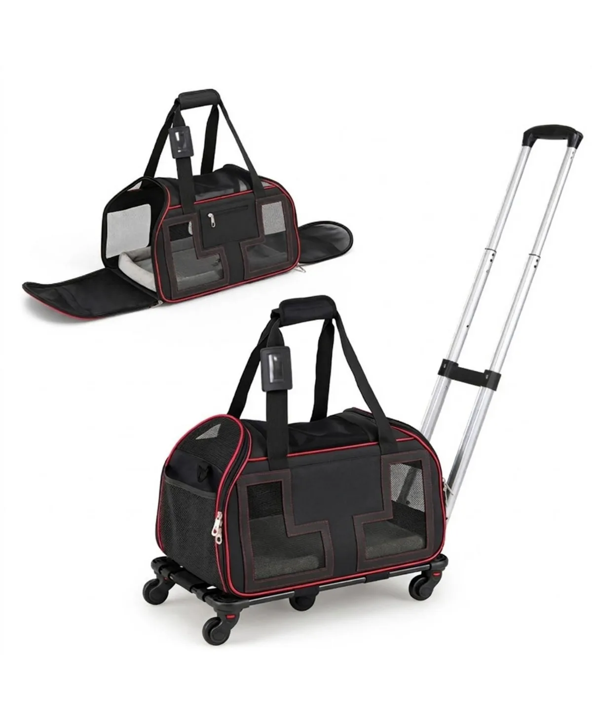 Rolling Pet Carrier with Telescopic Handle and Mesh Windows by Sugift