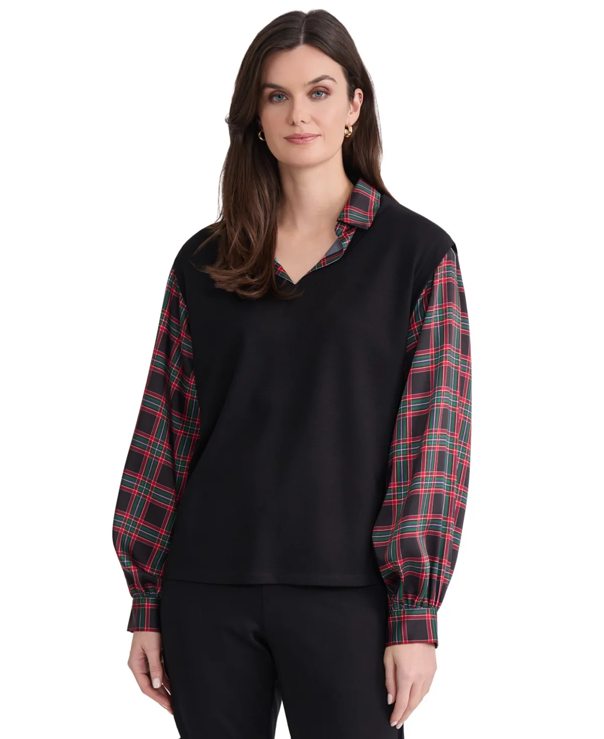 Serenity Long-Sleeve Drop-Shoulder Plaid-Print Blouse by Jones New York