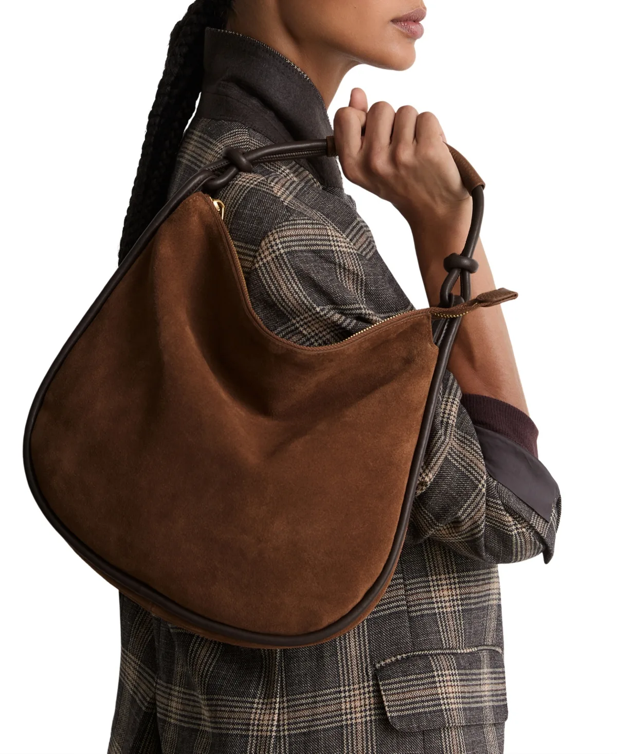 Aurelie Suede and Leather Curved Shoulder Bag, 32W x 27H x 8D by Reiss