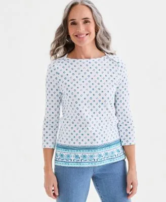 Printed Pima Cotton 3/4 Sleeve Boat Neck Top by Style & Co