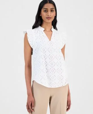 Cotton Eyelet Flutter Sleeve Top by Anne Klein