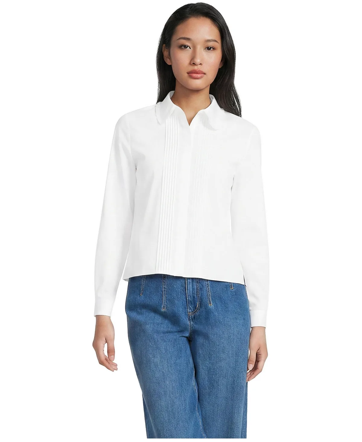 Cropped Ruffle-Collar Pintuck Shirt by Lands' End