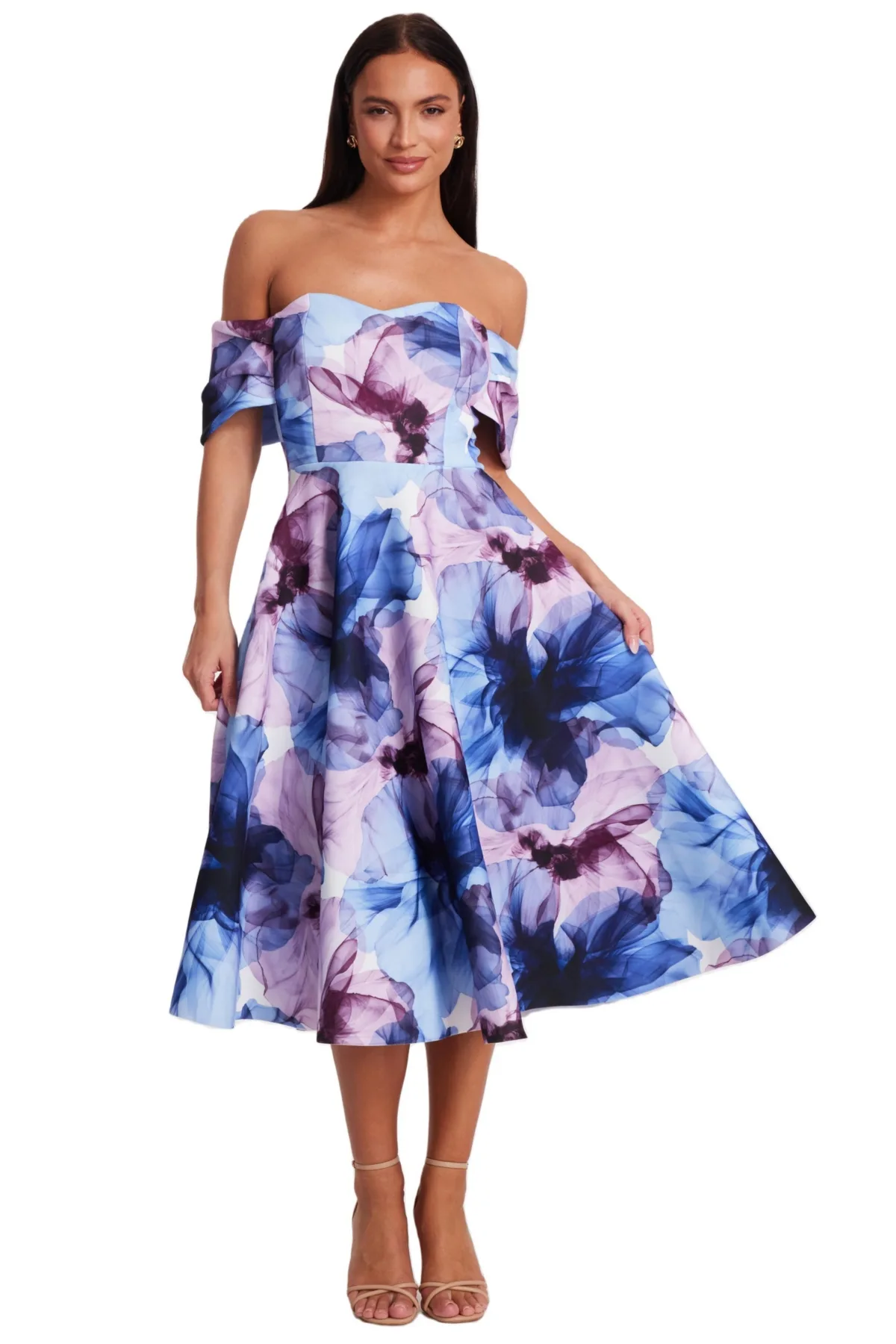 Scuba Floral Print Bardot Midi Skater Dress by Quiz