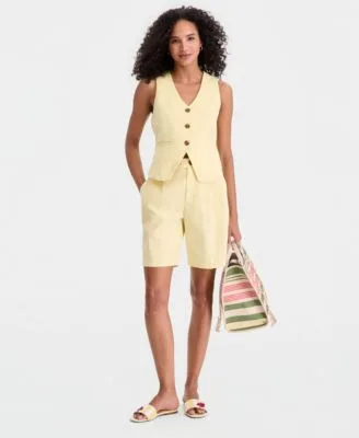 V Neck Button Front Vest Mid Rise Bermuda Shorts by On 34th