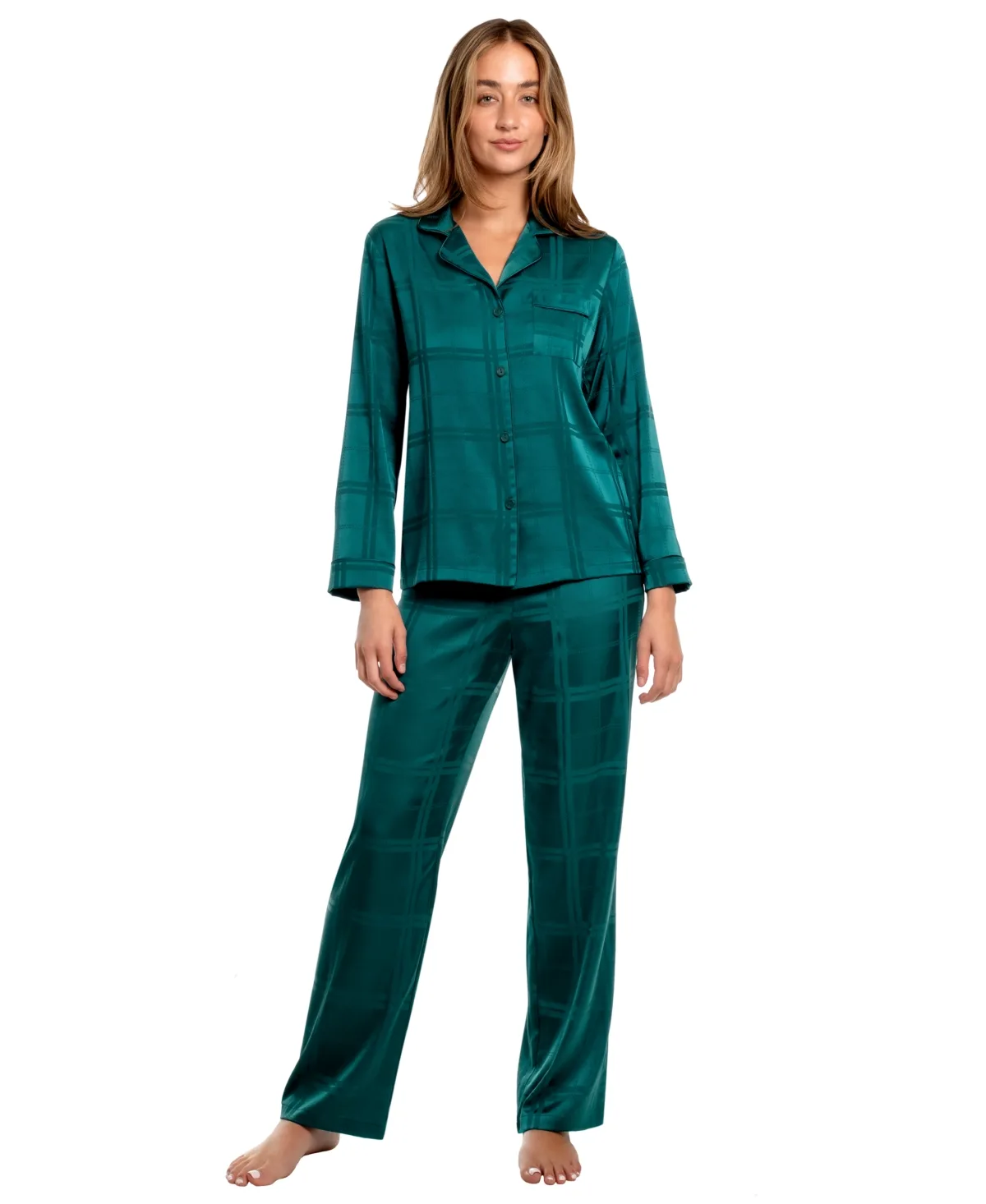 Satin Plaid Long-Sleeve Top and Pants Pajama, 2-Piece Set by Linea Donatella