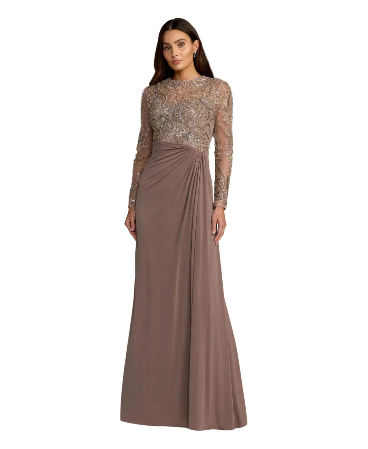 Embroidered Long Sleeve Jersey Evening Gown by M.A.C.