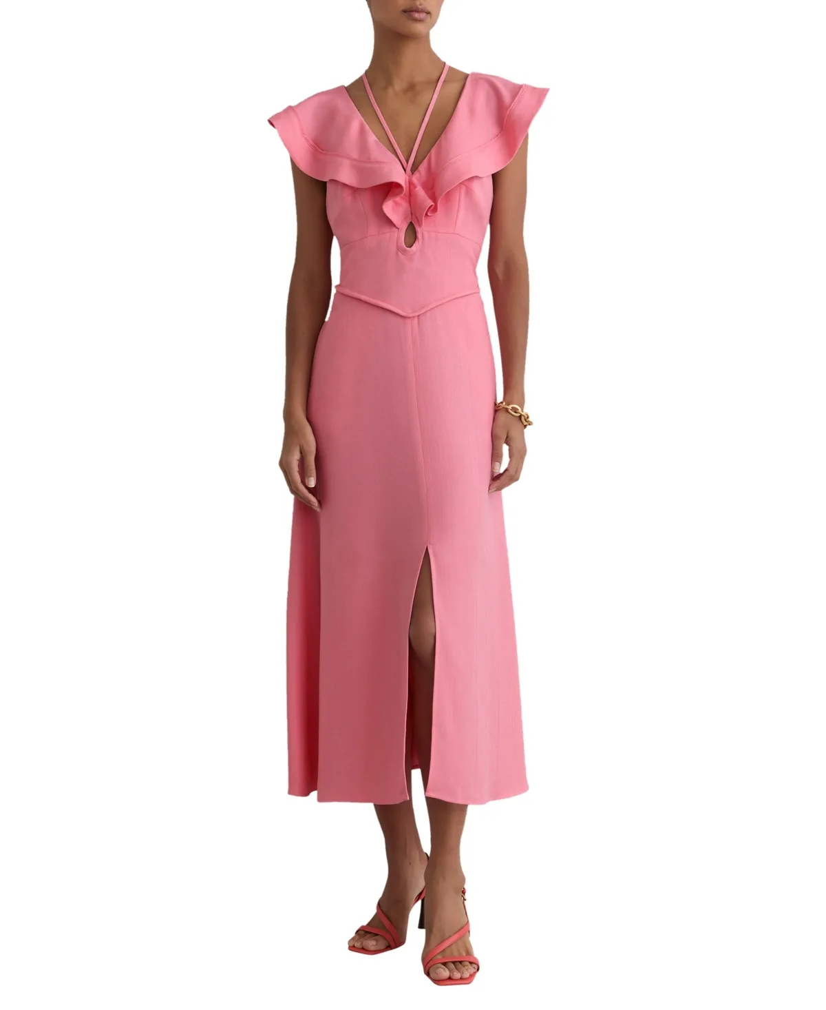 Ruffle Tie-Neck Keyhole Midi Dress by Reiss