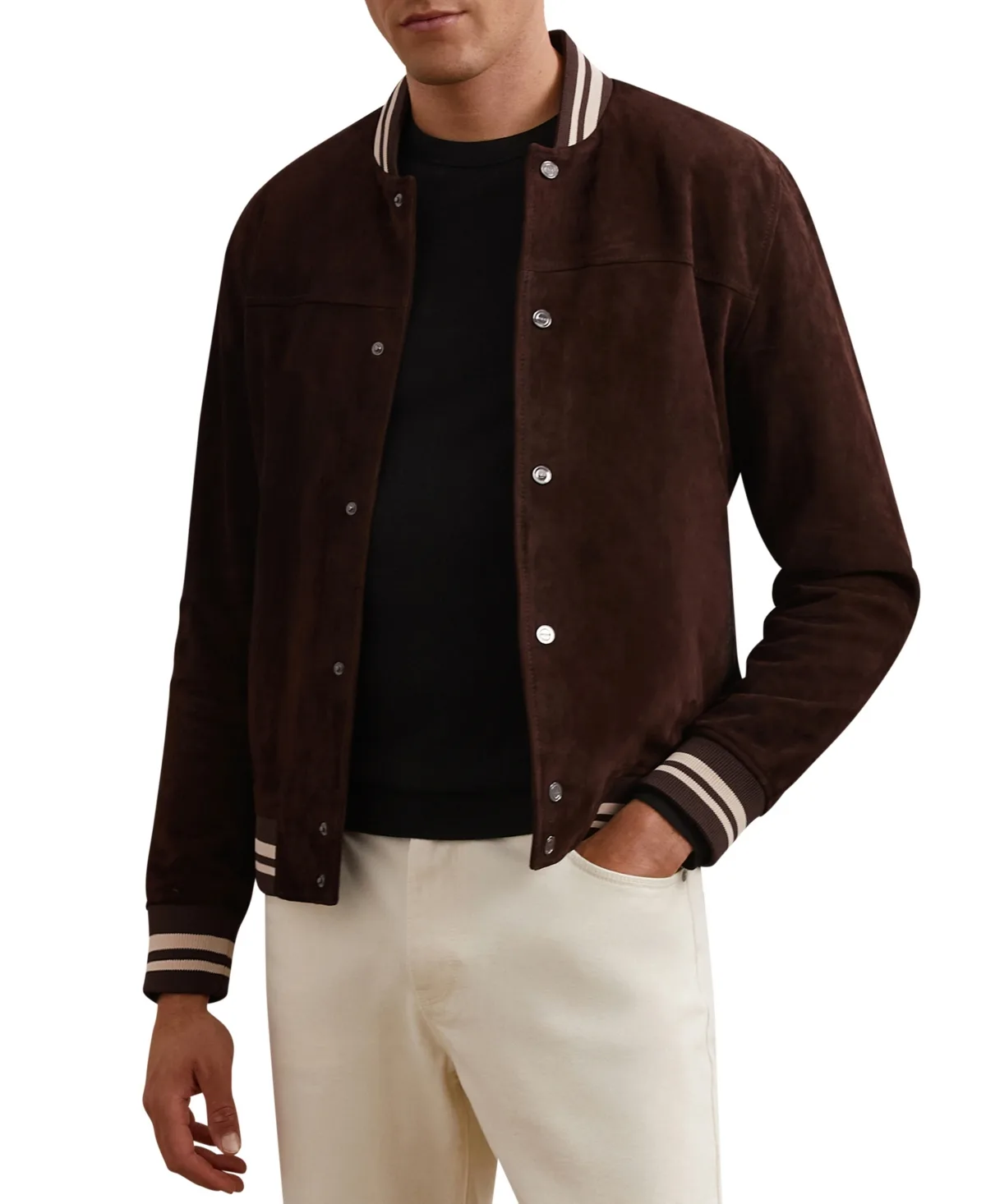 Banridge Suede Striped-Trim Bomber Jacket by Reiss