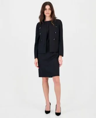 Sleeveless Compression Boat Neck Sheath Dress Double Breasted Jacket by Kasper