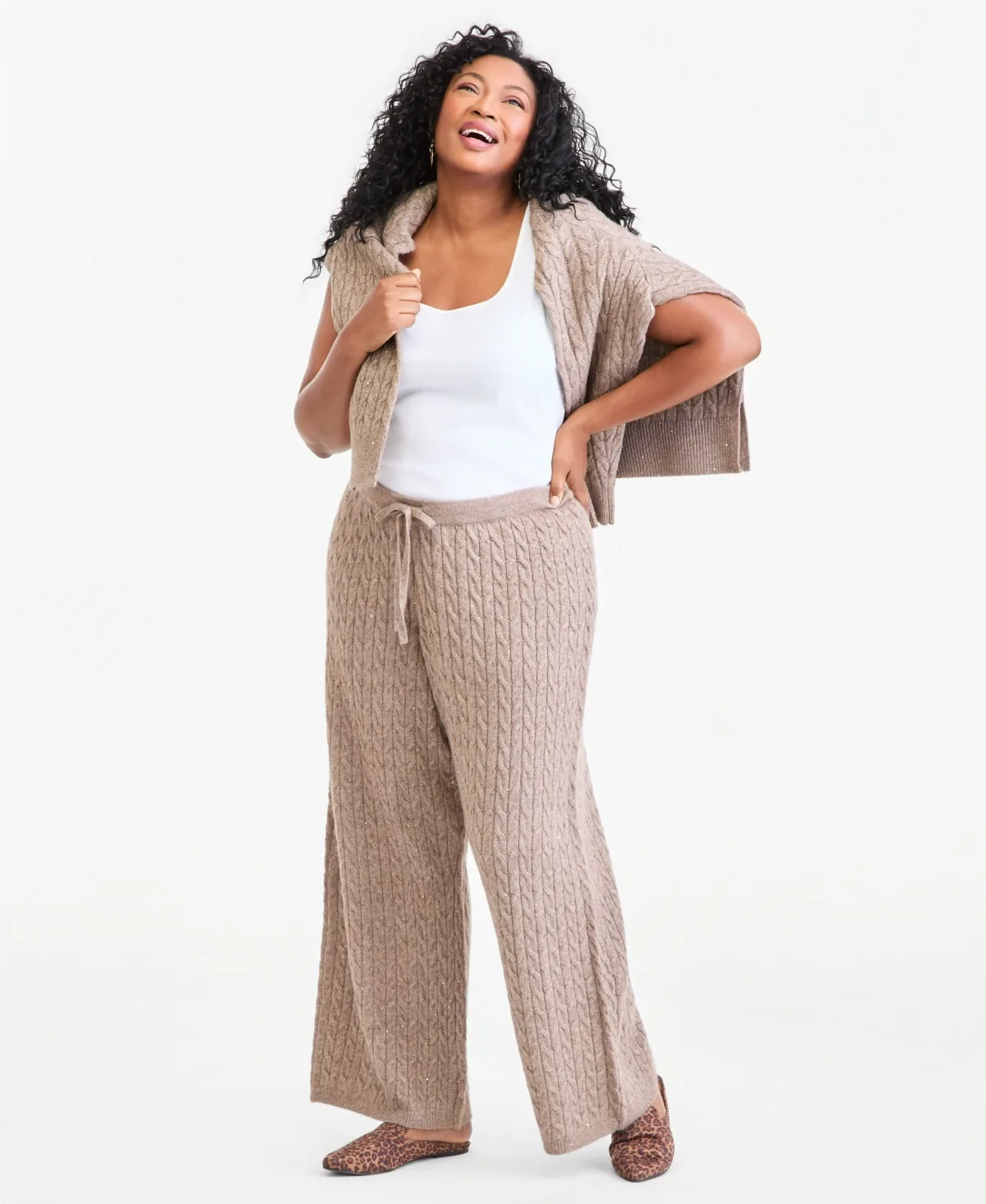 Shine Cable-Knit Wide-Leg Sweater Pants by Style & Co