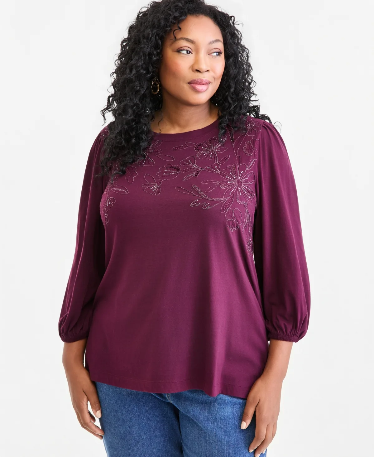 3/4-Sleeve Shine Embroidery Top by Style & Co