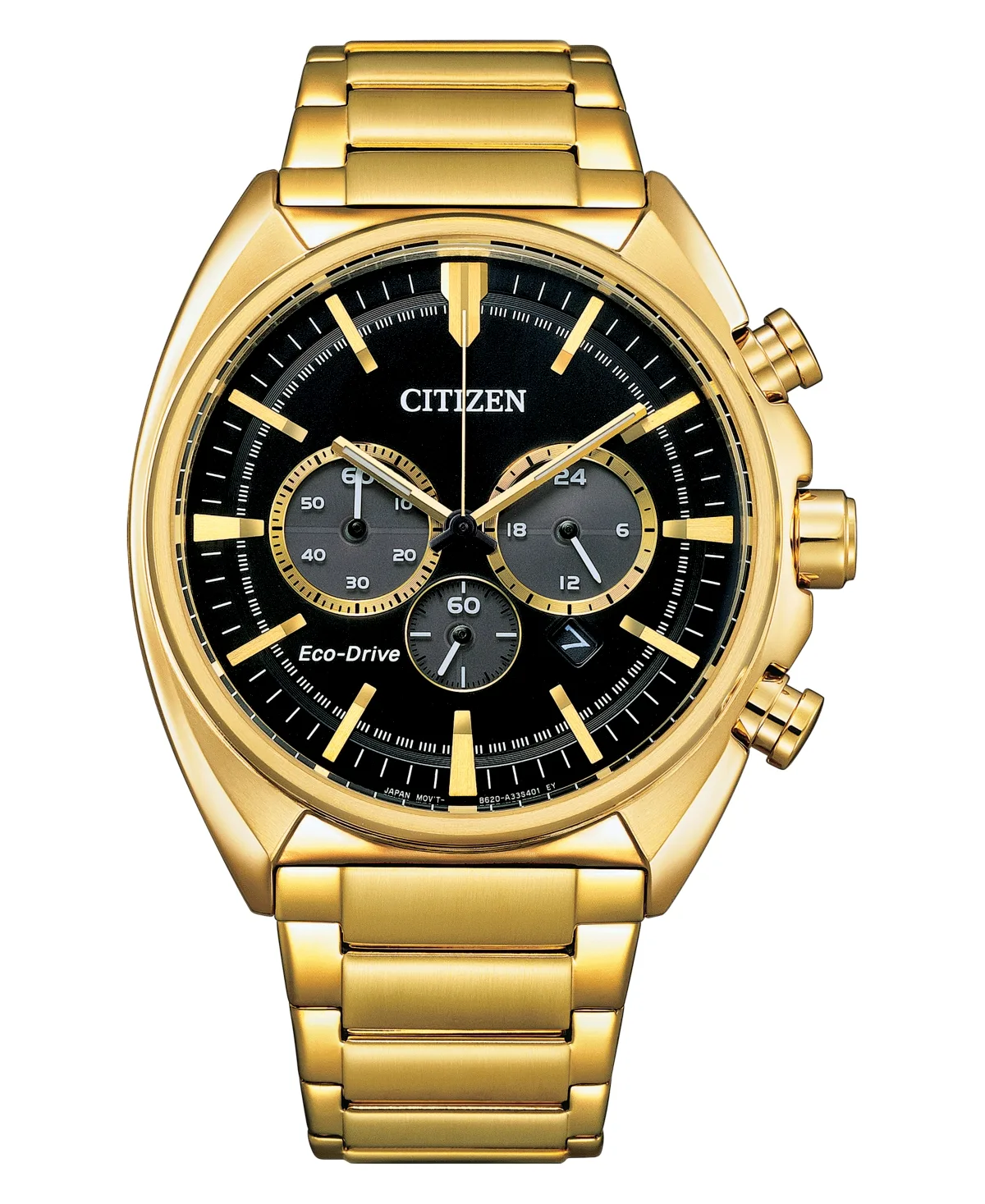 Solar Powered Chronograph Water-Resistant Gold Stainless Steel Bracelet Watch 44mm
