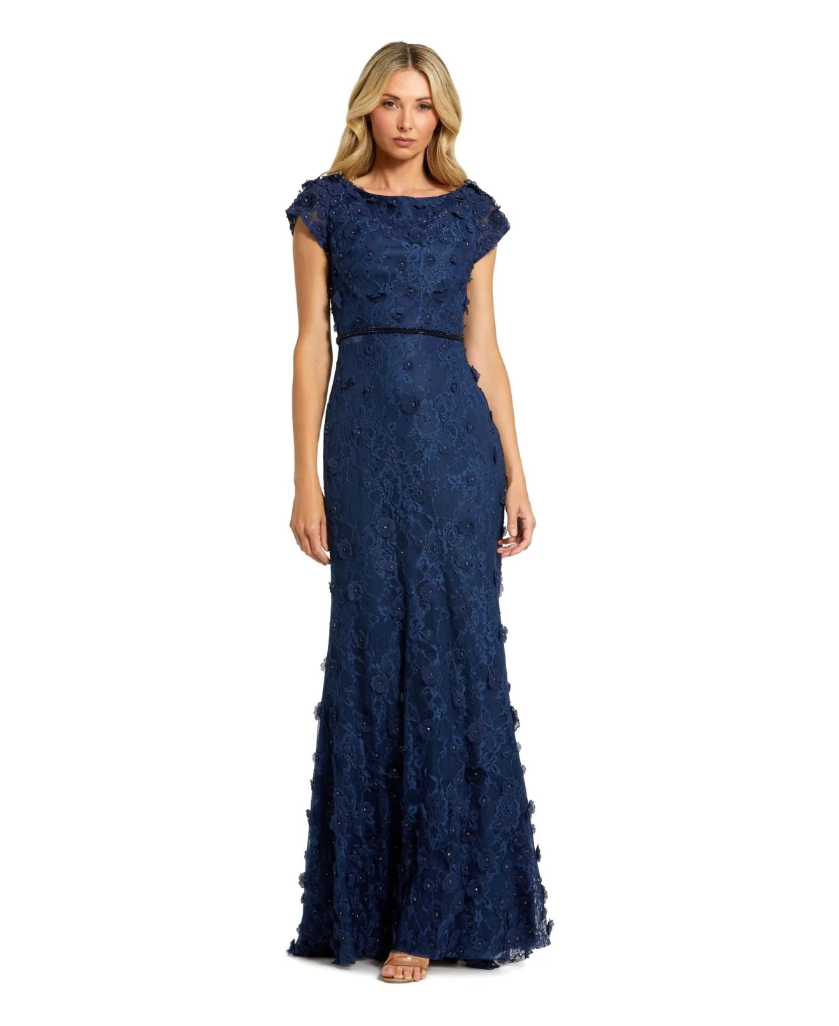 Floral Applique Boat Neck Cap Sleeve Gown