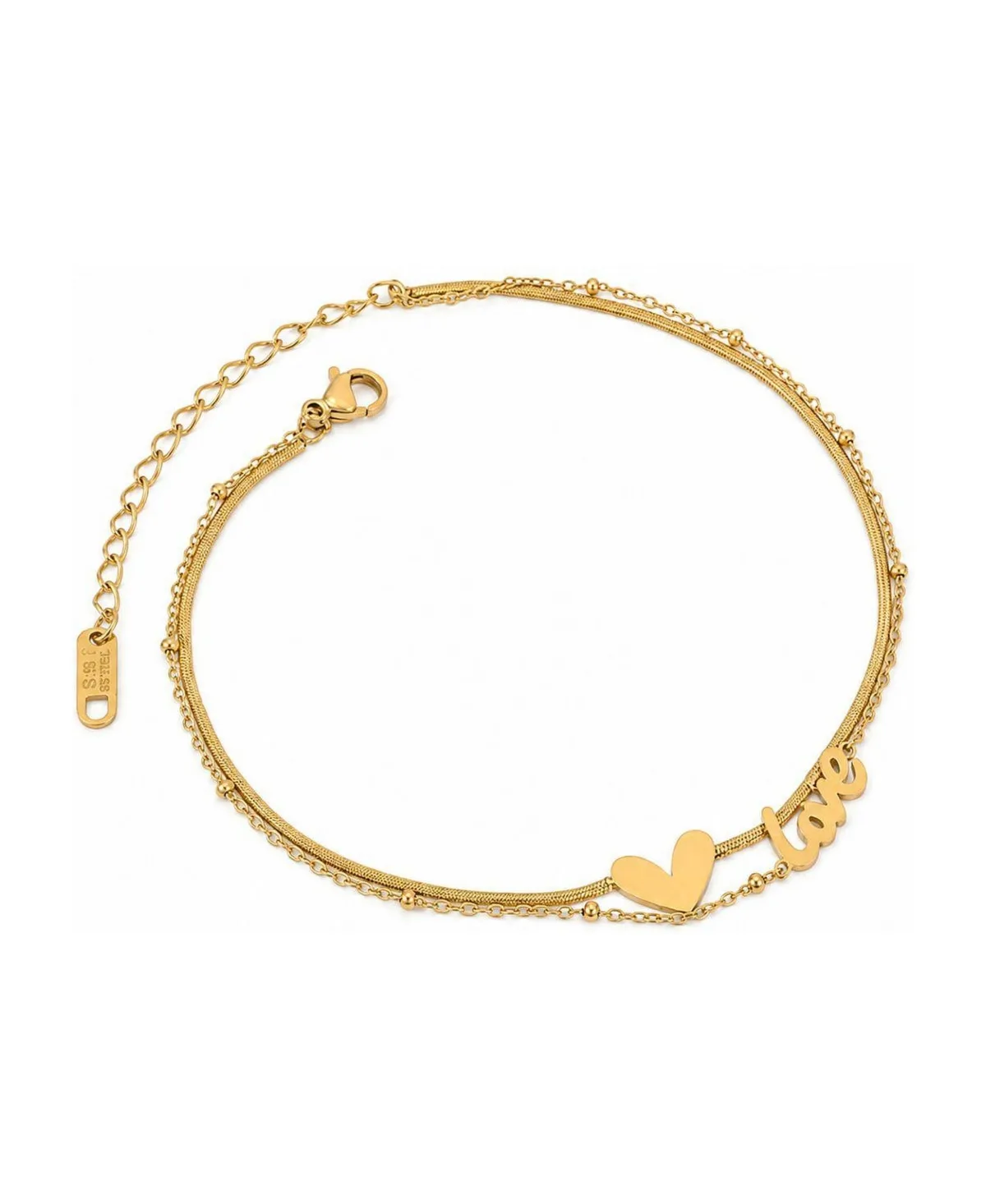 Gold-Plated Stainless Steel Heart Charm Layered Anklet with Love Script