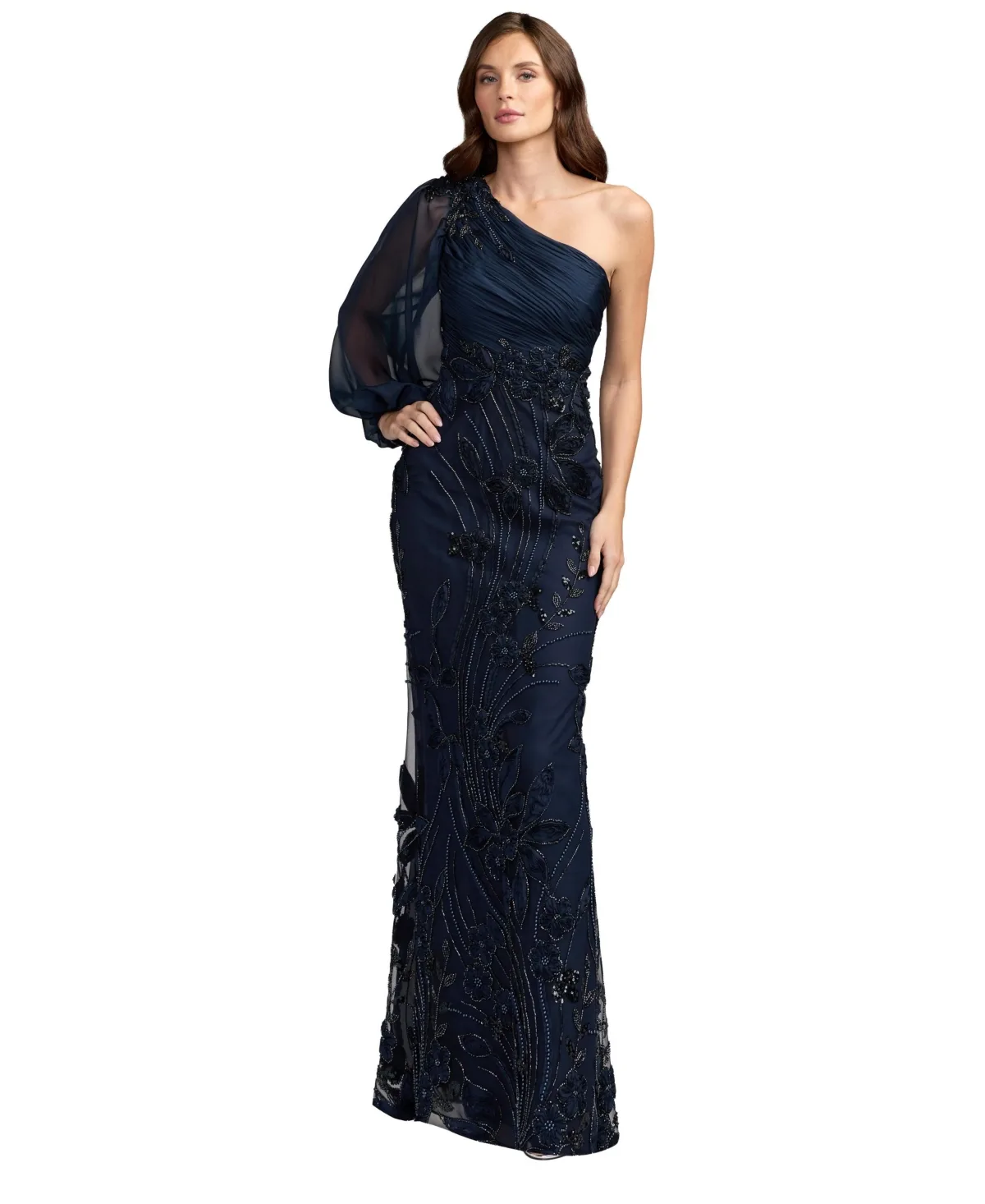 One Shoulder Chiffon Gown with Embroidered Floral Skirt