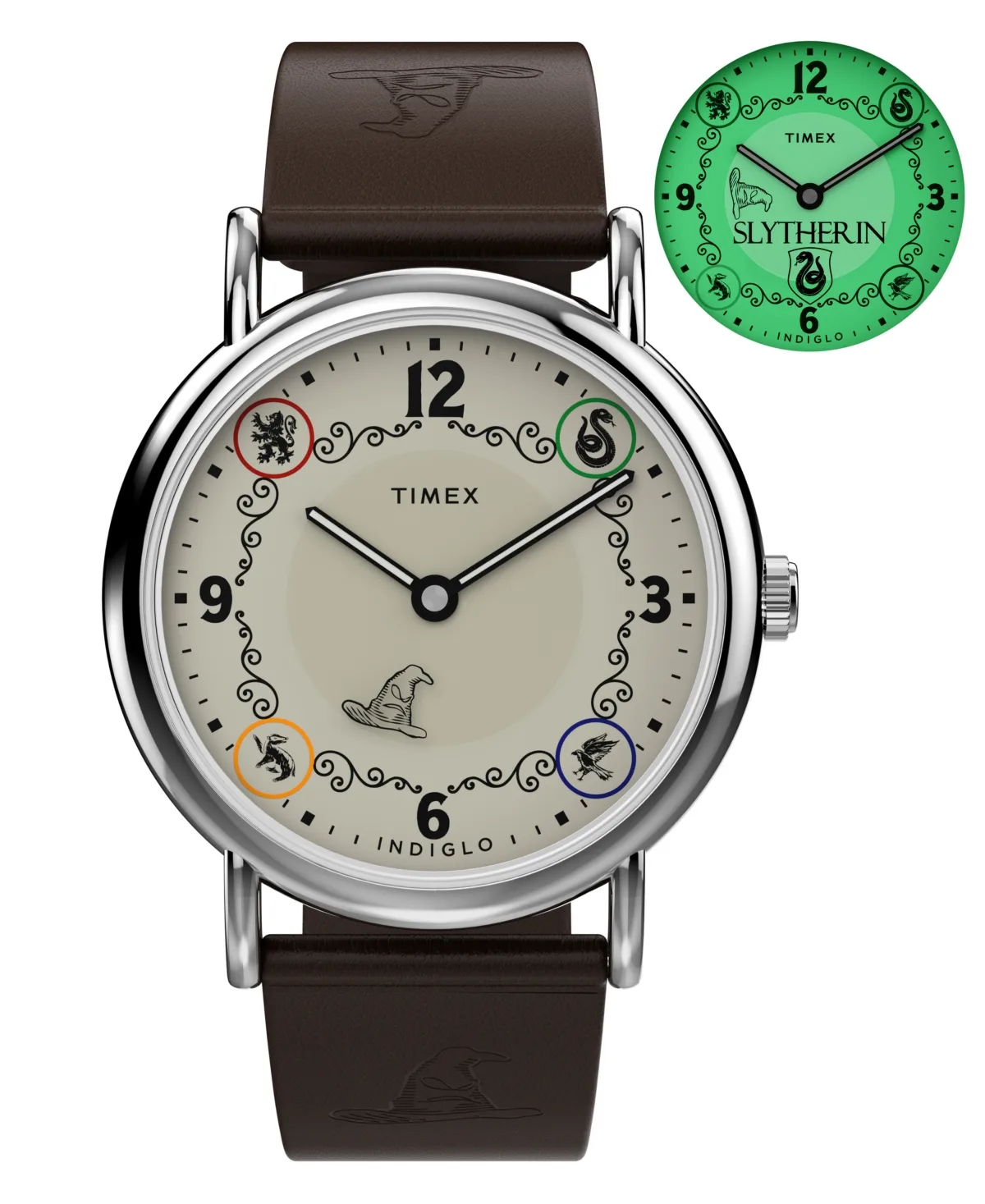 Slytherin House Quartz Analog Indiglo Brown Leather Watch 38mm
