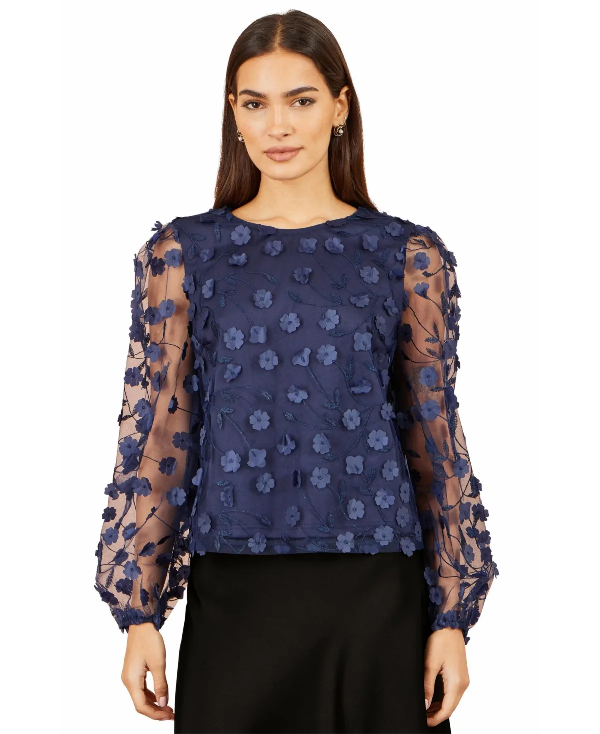 Sheer Sleeve Applique Flower Top