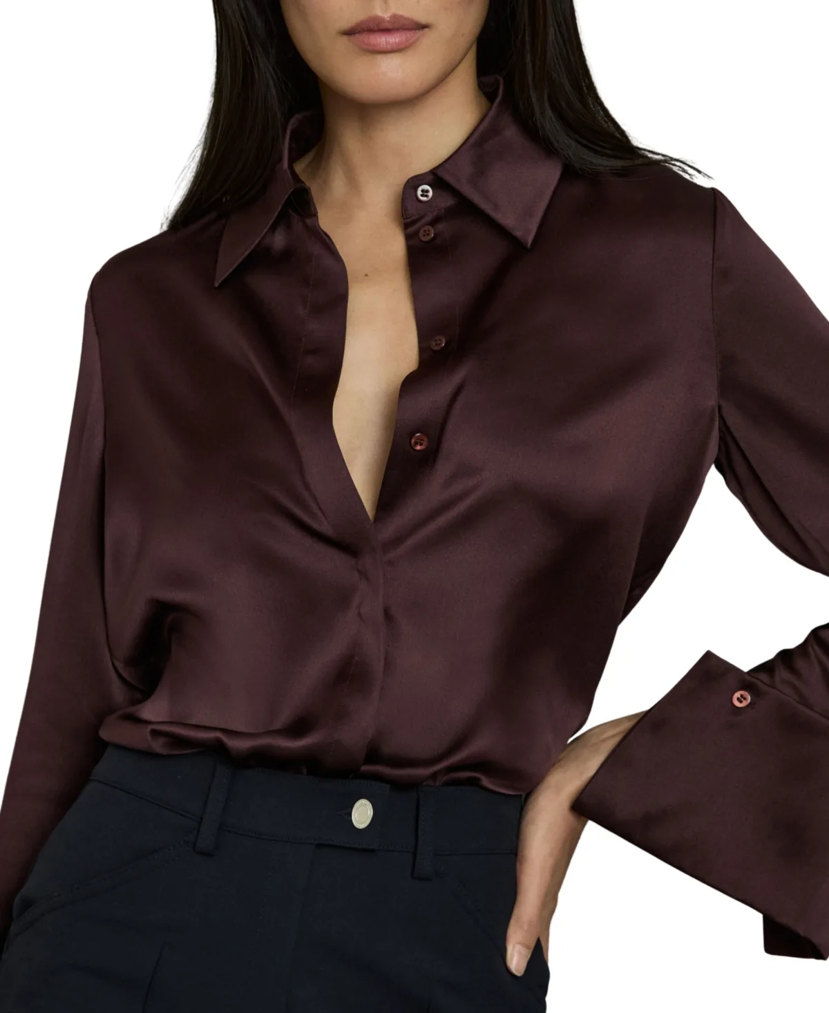 Ameira Silk Long-Sleeve Point-Collar Blouse
