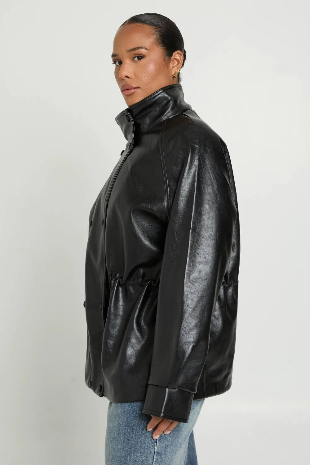 Plus Faux Leather Longline Button Detail High Neck Jacket