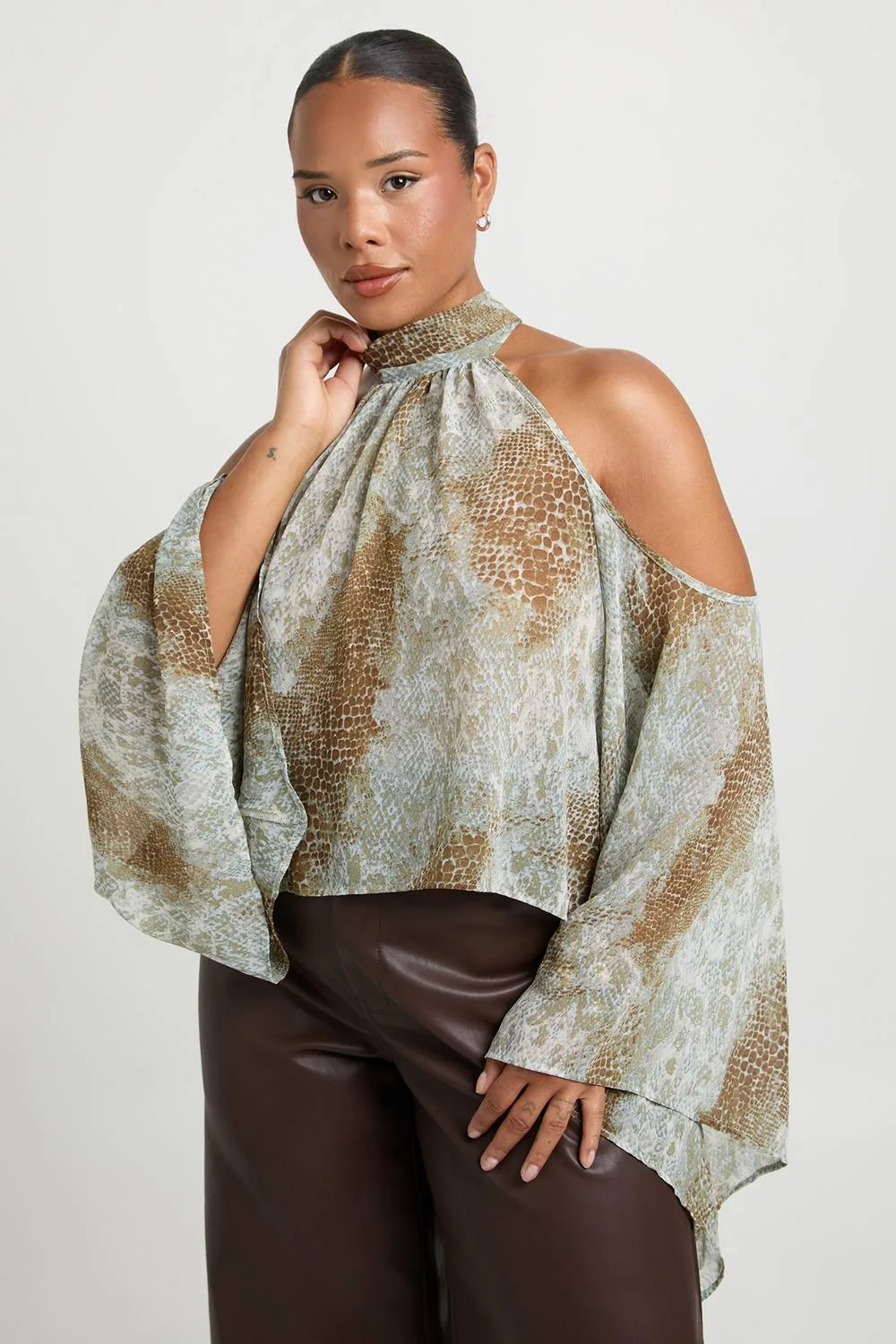 Snake Print Halter Neck Cold Shoulder Top by boohoo