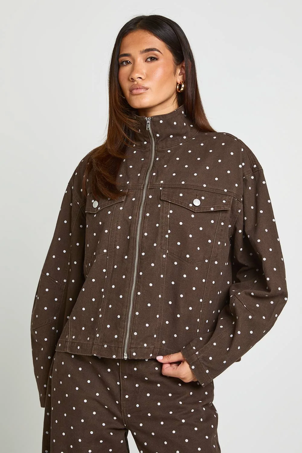 Funnel Neck Polka Dot Denim Jacket by boohoo