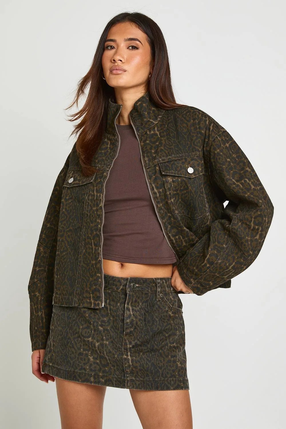 Leopard Print Denim Mini Skirt by boohoo